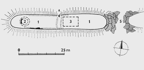 Legend to the ground plan:1 - castle wall, 2 - round tower, 3 - residential building, 4 - entrance part of the castle, 5 - moat