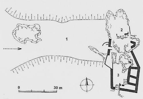 Legend to the ground plan:1 - entrance courtyard with a cistern, 2 - upper castle with a residential building, 3 - lower castle built of operating buildings