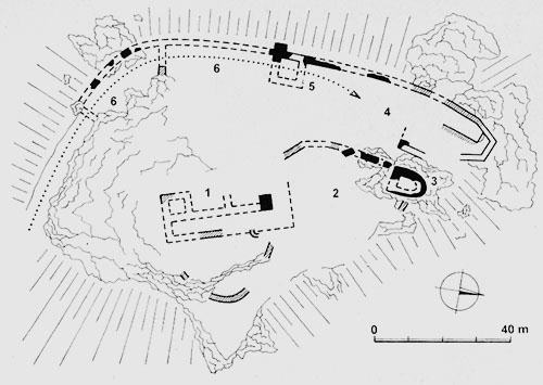 Legend to the ground plan:1 - upper castle, 2 - middle castle, 3 - horseshoe-shaped bastion, 4 - lower castle, 5 - tower-shaped entrance gate, 6 - pre-gate