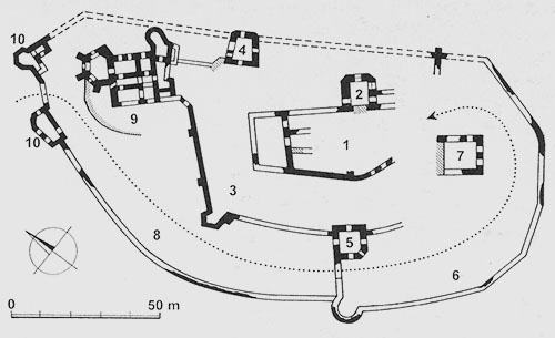 Legend to the ground plan:1 - upper castle, 2 - chapel, 3 - first fort, 4 - original entrance tower, 5 - defensive tower fort, 6 - second fort, 7 - palace, 8 - third fort, 9 - renaissance manor, 10 - bastions at the gate