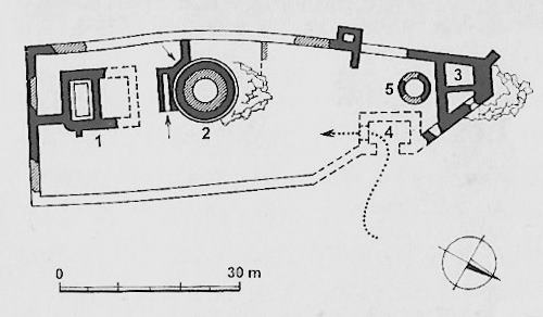 Legend to the ground plan:1 - originally a residential prismatic tower, rebuilt into a Gothic palace, 2 - round tower, 3 - watchtower, 4 - defunct Gothic gate, 5 - cistern