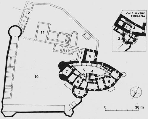 Legend to the ground plan:1 - original entrance gate, 2 - semicircular bastion, 3 - well, 4 - tower, 5 - courtyard of the upper castle, 6 - living rooms, 7 - chapel, 8 - renaissance knight's hall, 9 - new staircase, 10 - fortified fortified wall and bastions, 11 - completion from the 2nd half of the 19th century, 12 - neo-Gothic gate