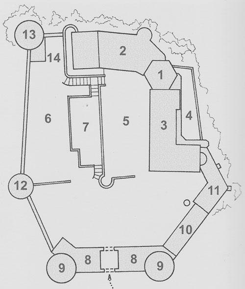 Legend to the ground plan:1 - hexagonal tower, 2 - residential wing, 3 - two-wing building, 4 - terrace, 5 - upper courtyard with fountain, 6 - lower courtyard, 7 - outbuilding with terrace, 8 - residential entrance wing. 9 - round bastion, 10 - residential building, 11 - hunting salon, 12 - round bastion, 13 - corner bastion, 14 - outbuilding with wine shop