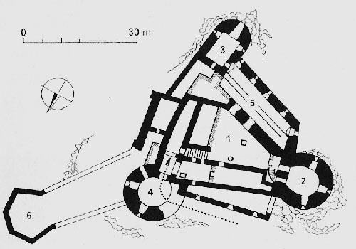 Legend to the ground plan:1-courtyard with adjoining palace, 2-cylinder tower, 3-bastion, 4-entrance tower, 5-artillery casemates, 6-bastion with cannon platform