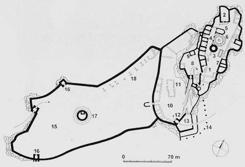 Legend to the ground plan:1 - upper castle, 2 - Romanesque palace, 3 - round tower, 4 - palaces with arcaded corridor, 5 - chapel, 6 - cistern, 7 - defensive and operational buildings, 8 - Romanesque fort, 9 - towered palace post office, 10 - middle castle, 11 - armory and captain's house, 12 - entrance tower, 13 - barbican, 14 - columns of the defensive palisade, 15 - lower castle, 16 - defensive towers, 17 - circular command stronghold of the Spark troops, 18 - stables