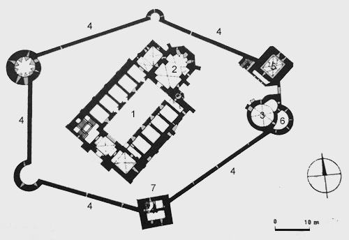 Legend to the ground plan:1 - inner courtyard, 2 - chapel, 3 - Romanesque carner, 4 - outer fortification with bastions, 5 - town bell tower, 6 - cannon bastion, 7 - bastion HimmelreichsSource: PLAČEK M., BÓNA M., Encyklopédia slovenských hradov