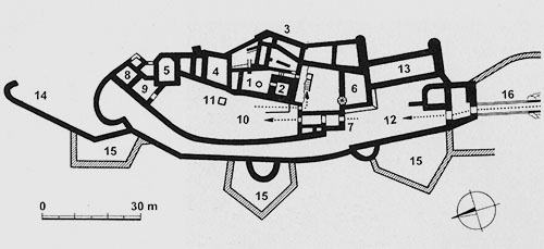 Legend to the ground plan:1 - courtyard of the upper castle, 2 - tower, 3 - east palace, 4 - north palace, 5 - gothic chapel, 6 - south palace, 7 - building of the great gate, 8 - north tower, 9 - renaissance gate with arcade, 10 - first fort, 11 - well, 12 - second fort, 13 - large bastion, 14 - advanced fortification, 15 - cannon bastions, 16 - access bridge