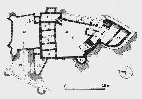 Legend to the ground plan:1 - main tower, 2 - inner castle, 3 - collapsed gothic wall, 4 - towered entrance gate, 5 - original gothic palace, 6 - gothic defensive tower, 7 - extended palace part, 8 - first forecourt, 9 - bastion, 10 - defensive bastions, 11 - fortification, 12 - second defense