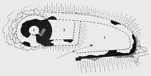 Legend to the ground plan:1 - cylindrical tower, 2 - palace, 3 - courtyard, 4 - castle gate