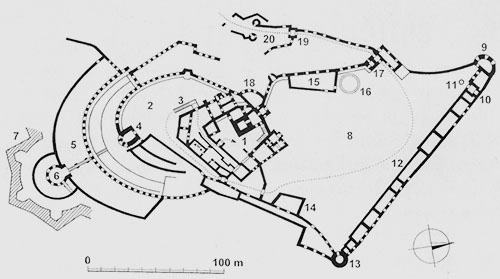 Legend to the ground plan:1-upper castle, 2-middle castle, 3-access ramp to the upper castle, 4-Jeremiah's tower, 5-south defense system, 6-Mill tower, 7-star fortification, 8-lower castle, 9-cannon bastion, 10 -captain, 11-well, 12-outbuildings, 13-famine, 14-battery bastion, 15-barracks, 16-mill, 17-hour tower, 18-arch bastion, 19-entrance tower, 20-gate with a pair of bastions