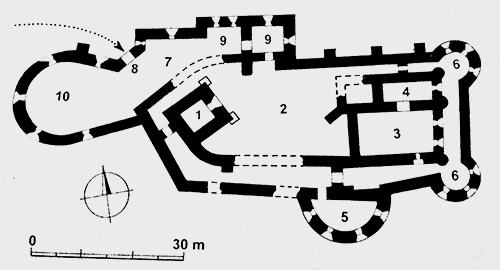 Legend to the ground plan:1 - prismatic tower, 2 - inner castle, 3 - palace, 4 - presumed chapel, 5 - cannon bastion, 6 - corner bastions, 7 - fortification, 8 - entrance gate, 9 - stables and hostels, 10 - extended cannon bastion