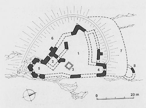 Legend to the ground plan:1-inner castle, 2-prismatic tower, 3-tank, 4-cannon bastion, 5-polygonal cannon bastion, 6-moat, 7-fort, 8-remains bastion