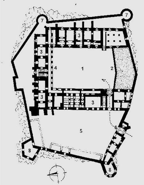 Legend to the ground plan:1-inner courtyard, 2-walled rock, 3-residential wings, 4-arcade corridor, 5-fortifications with outbuildings, 6-entrance gate, 7-circular bastions, 8-corner cannon bastions