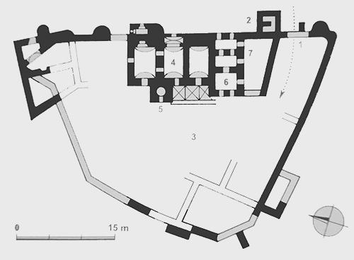 Legend to the ground plan:1 - entrance gate, 2 - defensive tower, 3 - courtyard, 4 - three-room palace, 5 - spiral staircase, 6 - newer tower, 7 - outbuilding with chapel