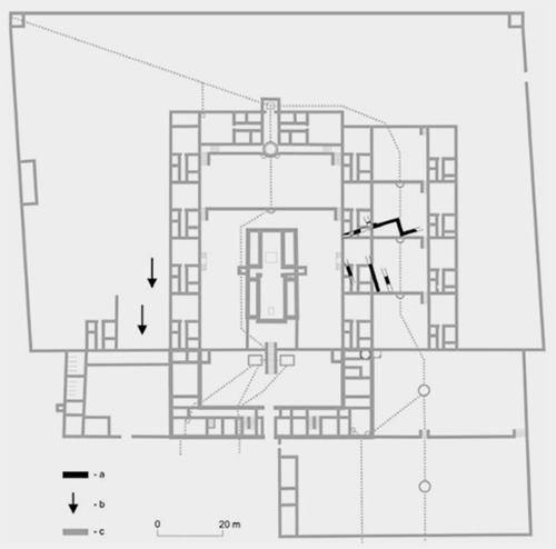 Legend to the ground plan:a - archeologically captured remains of a medieval Benedictine monastery, b - site of other medieval finds, c - floor plan of a baroque Kamaldul monastery