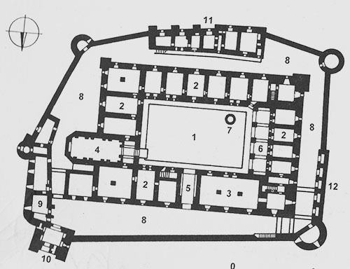 Legend to the ground plan:1-courtyard with a porch, 2-residential and farm wings, 3-large Gothic hall, 4-originally two-storey chapel, 5-passage, 6-arcade, 7-well, 8-fortified fort, 9-guard house, 10-entrance tower, 11-captain's house, 12-porch with arcades